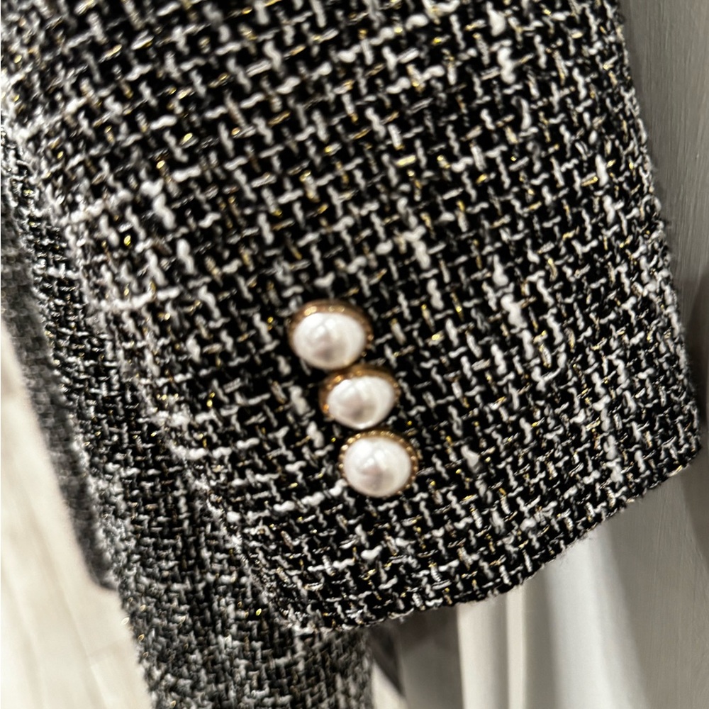 Momoco Black White Tweed Check Long Overcoat Fringe Pearl Buttons Size 38 - Picture 3 of 11